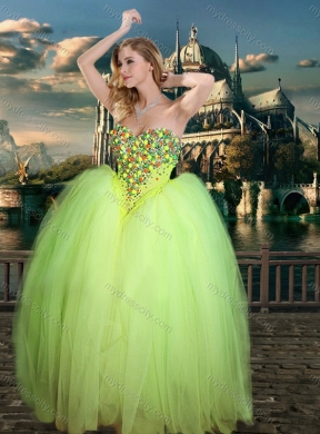 Designer Beaded Really Puffy Prom Dress in Yellow Green and Classical Spaghetti Straps Little Girl Dress with Beading