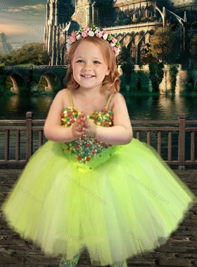 Designer Beaded Really Puffy Prom Dress in Yellow Green and Classical Spaghetti Straps Little Girl Dress with Beading