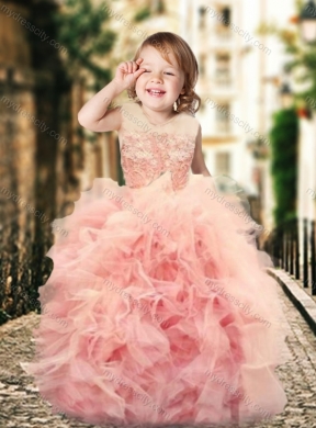 Designer Column Long Sleeves Prom Dress with Brush Train and Affordable Ruffled and Laced Little Girl Dress in Watermelon Red