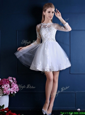 2016 New See Through Scoop Three Fourth Length Sleeves Short Bridesmaid Dress in White