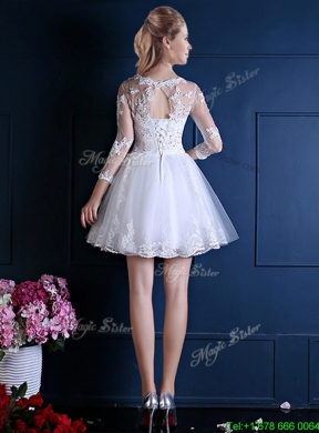 2016 New See Through Scoop Three Fourth Length Sleeves Short Bridesmaid Dress in White