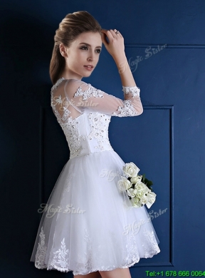 2016 New See Through Scoop Three Fourth Length Sleeves Short Bridesmaid Dress in White