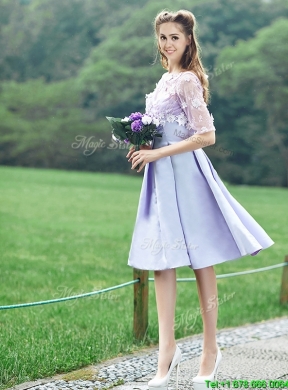 2016 New Style Bateau Half Sleeves Lavender Bridesmaid Dress with Appliques