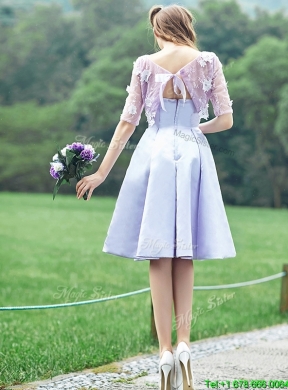 2016 New Style Bateau Half Sleeves Lavender Bridesmaid Dress with Appliques