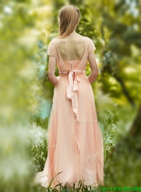 Elegant See Through Scoop Short Sleeves Bridesmaid Dress in Peach