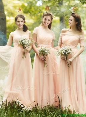 Elegant See Through Scoop Short Sleeves Bridesmaid Dress in Peach