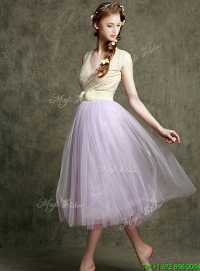 2016 New Style Lavender V Neck Bridesmaid Dress with Bowknot and Belt