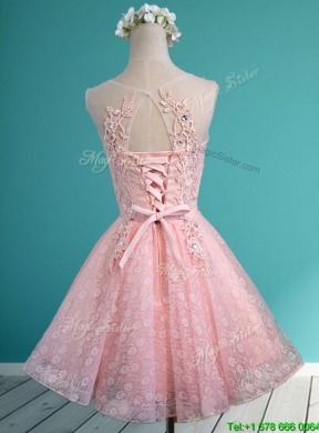 2016 Best Scoop Beading and Appliques Short Dama Dress in Baby Pink