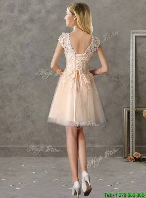 2016 Classical Bateau Cap Sleeves Lace Bridesmaid Dress in Champagne