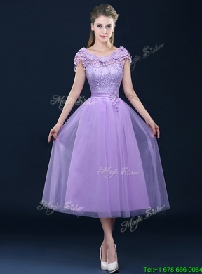 2016 Exclusive A Line Tulle Lavender Bridesmaid Dress in Tea Length