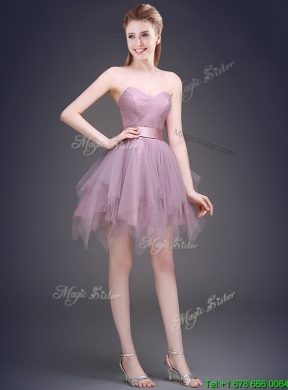 2016 Hot Sale Lavender Short Bridesmaid Dress with Ruffles and Belt