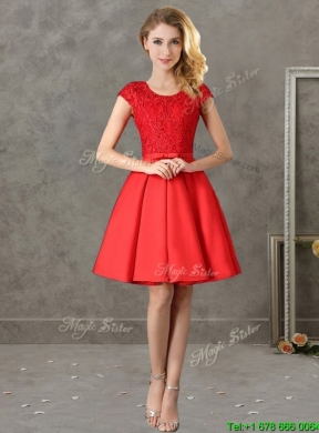 2016 Popular Scoop Cap Sleeves Bridesmaid Dress with Bowknot and Lace