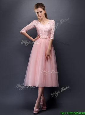 2016 See Through V Neck Half Sleeves Dama Dress with Lace and Belt