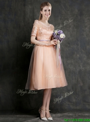 2016 Best Selling Sashed Peach Prom Dress in Knee Length