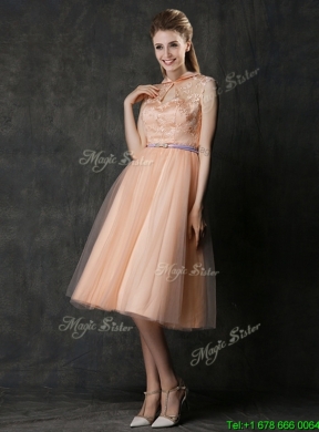 2016 Best Selling Sashed Peach Prom Dress in Knee Length