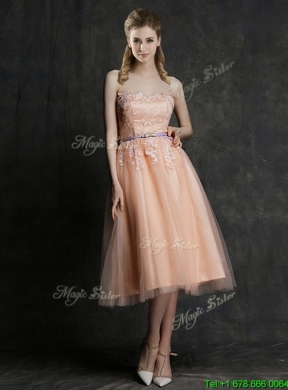 2016 Best Selling Sashed Peach Prom Dress in Knee Length