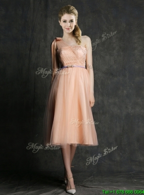 2016 Best Selling Sashed Peach Prom Dress in Knee Length