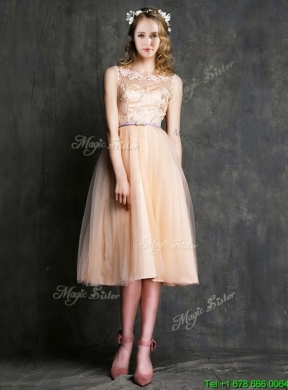 2016 Best Selling Sashed Peach Prom Dress in Knee Length