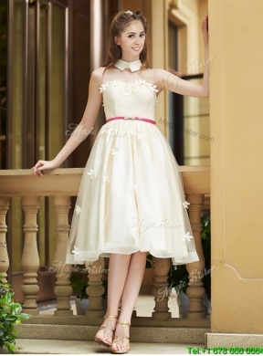 2016 Gorgeous High Neck Champagne Prom Dress with Appliques and Sashes