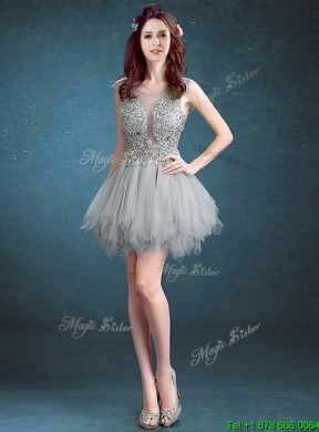 2016 Gorgeous Scoop Appliques and Ruffles Prom Dress in Grey