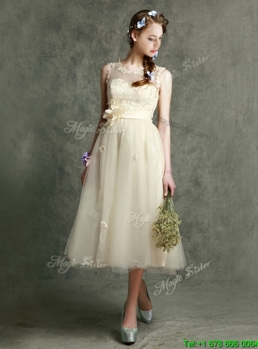 2016 New Arrivals Tea Length Tulle Prom Dress in Champagne