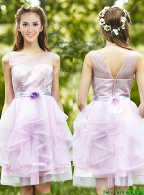 2016 See Through Scoop Short Prom Dress with Sashes and Ruffles