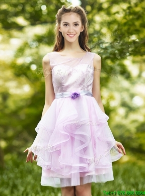 2016 See Through Scoop Short Prom Dress with Sashes and Ruffles