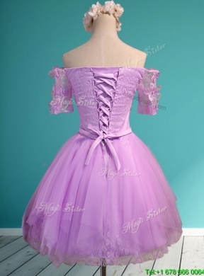 2016 Sweet Lilac Off the Shoulder Short Sleeves Prom Dress with Appliques and Belt