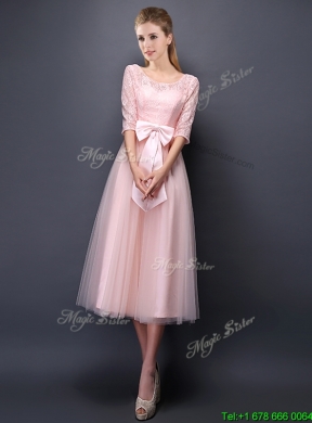 2016 Wonderful See Through Scoop Half Sleeves Prom Dress with Bowknot