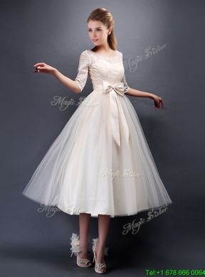 2016 Wonderful See Through Scoop Half Sleeves Prom Dress with Bowknot