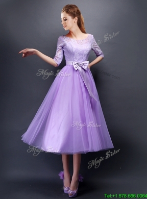 2016 Wonderful See Through Scoop Half Sleeves Prom Dress with Bowknot