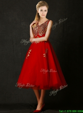 2016 Beautiful V Neck Tea Length Prom Dress with Beading and Appliques