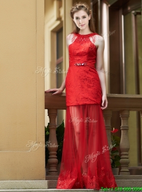 2016 Cheap Belted Red Long Prom Dress in Tulle and Lace