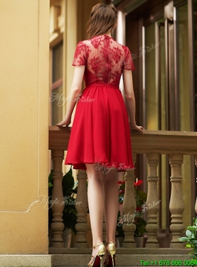 2016 Elegant See Through Back Red Short Prom Dress with Short Sleeves