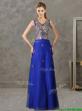 2016 Fashionable V Neck Long Prom Dress with Appliques and Beading