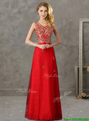 2016 Fashionable V Neck Long Prom Dress with Appliques and Beading