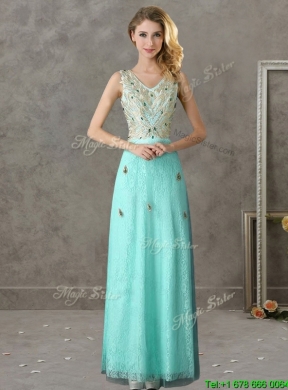 2016 Fashionable V Neck Long Prom Dress with Appliques and Beading