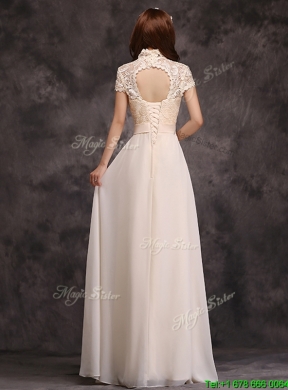 2016 Hot Sale High Neck Champagne Prom Dress with Appliques and Lace