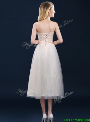 2016 Low Price Strapless Belt Champagne Long Prom Dress in Tulle