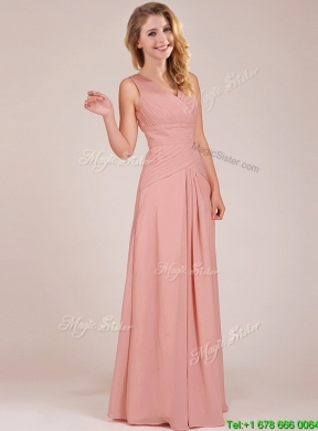 2016 Modest Ruched Decorated Bodice Peach Prom Dress with V Neck