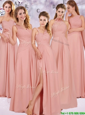 2016 Modest Ruched Decorated Bodice Peach Prom Dress with V Neck