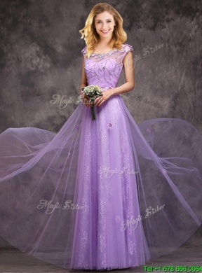 Beautiful Beaded and Applique Cap Sleeves Long Bridesmaid Dress in Tulle