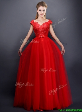 Beautiful Beaded V Neck Red Bridesmaid Dress with Cap Sleeves