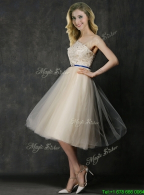 Beautiful One Shoulder Sashes and Appliques Bridesmaid Dress in Champagne