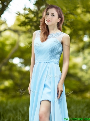 Beautiful See Through Scoop Appliques Bridesmaid Dress in Light Blue