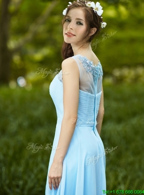 Beautiful See Through Scoop Appliques Bridesmaid Dress in Light Blue