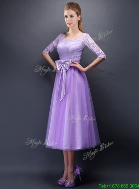 Beautiful See Through Scoop Half Sleeves Bridesmaid Dress with Bowknot