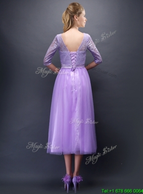 Beautiful See Through Scoop Half Sleeves Bridesmaid Dress with Bowknot