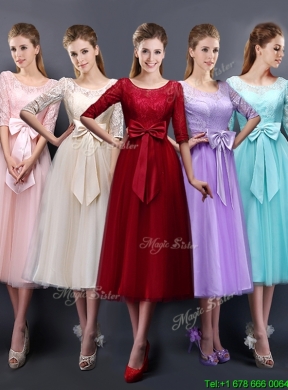 Beautiful See Through Scoop Half Sleeves Bridesmaid Dress with Bowknot