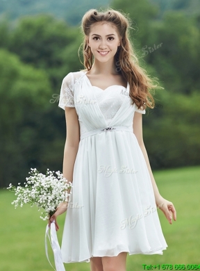 Beautiful Short Sleeves White Bridesmaid Dress with Belt and Lace